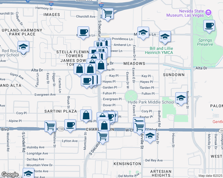 map of restaurants, bars, coffee shops, grocery stores, and more near 4624 Fulton Place in Las Vegas