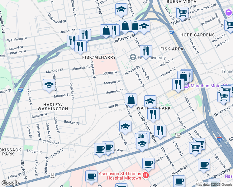 map of restaurants, bars, coffee shops, grocery stores, and more near 1823 Hermosa Street in Nashville