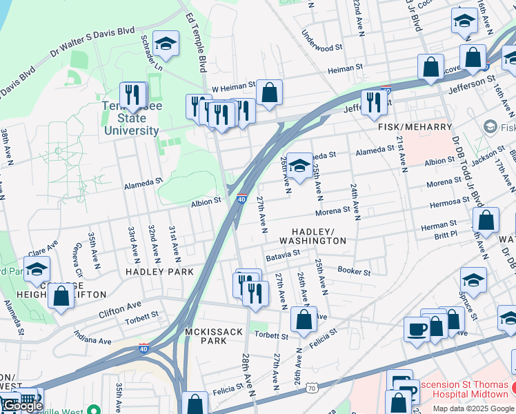 map of restaurants, bars, coffee shops, grocery stores, and more near 2709 Eden Street in Nashville