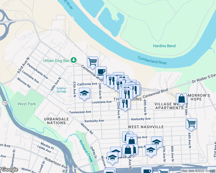 map of restaurants, bars, coffee shops, grocery stores, and more near 5210 Pennsylvania Avenue in Nashville