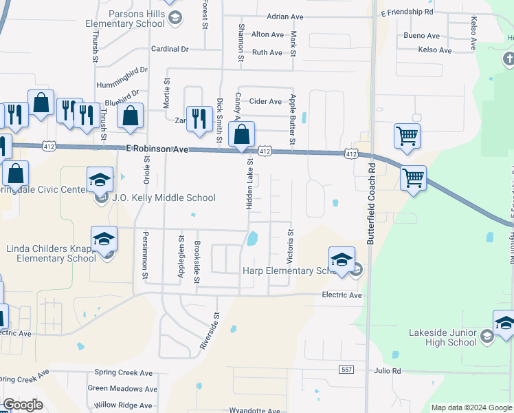 map of restaurants, bars, coffee shops, grocery stores, and more near 2380 Woodford Street in Springdale