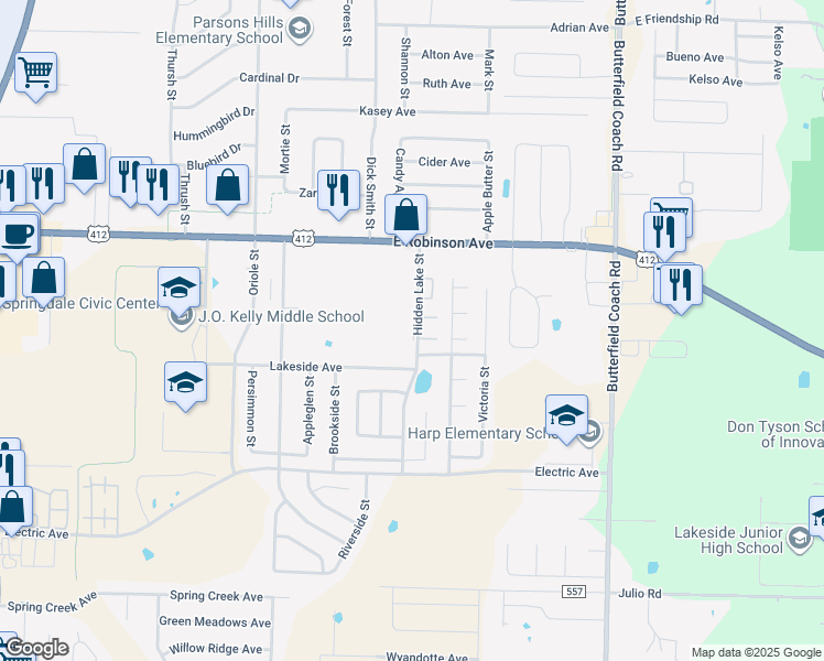map of restaurants, bars, coffee shops, grocery stores, and more near 2324 Hidden Lake Street in Springdale