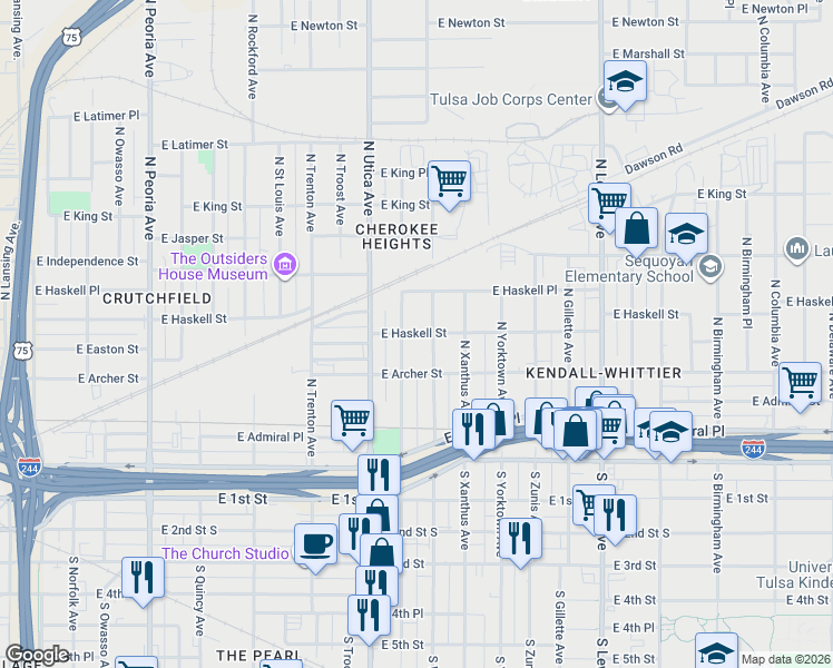 map of restaurants, bars, coffee shops, grocery stores, and more near 127 North Victor Avenue in Tulsa
