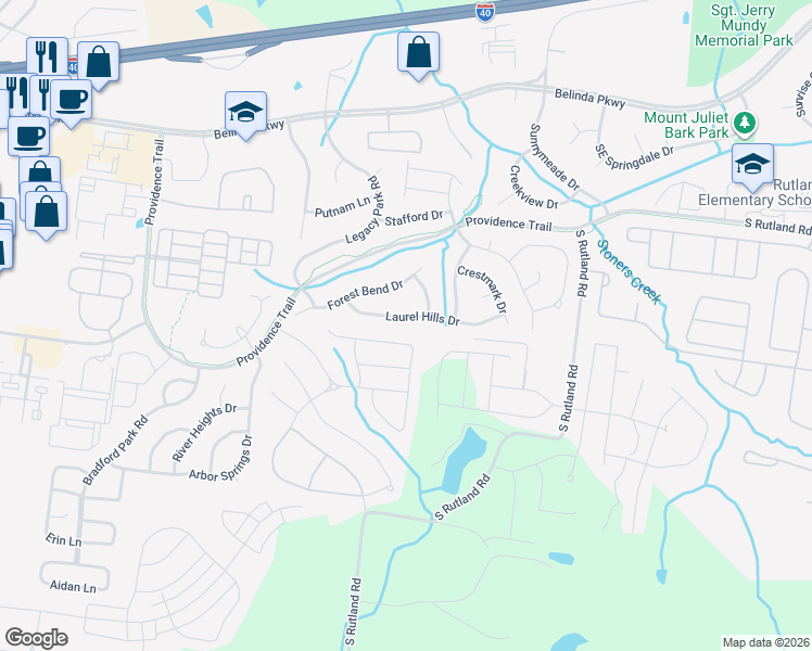 map of restaurants, bars, coffee shops, grocery stores, and more near 424 Laurel Hills Drive in Mt. Juliet
