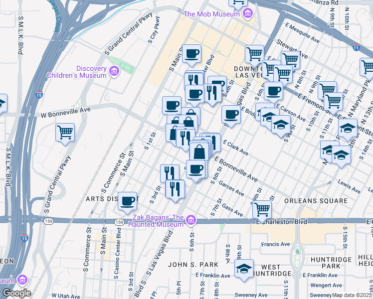 map of restaurants, bars, coffee shops, grocery stores, and more near 353 East Bonneville Avenue in Las Vegas