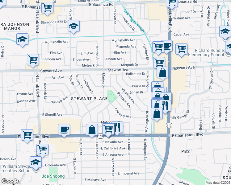 map of restaurants, bars, coffee shops, grocery stores, and more near 158 Palisade Ave in Las Vegas