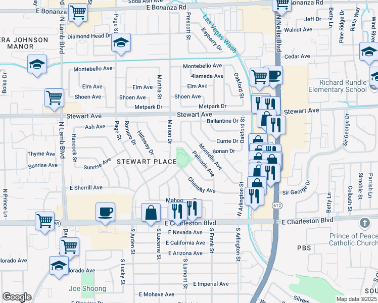 map of restaurants, bars, coffee shops, grocery stores, and more near 158 Palisade Avenue in Las Vegas