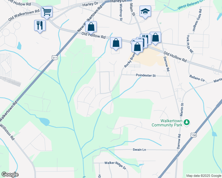 map of restaurants, bars, coffee shops, grocery stores, and more near 4615 Hanley Park Drive in Walkertown