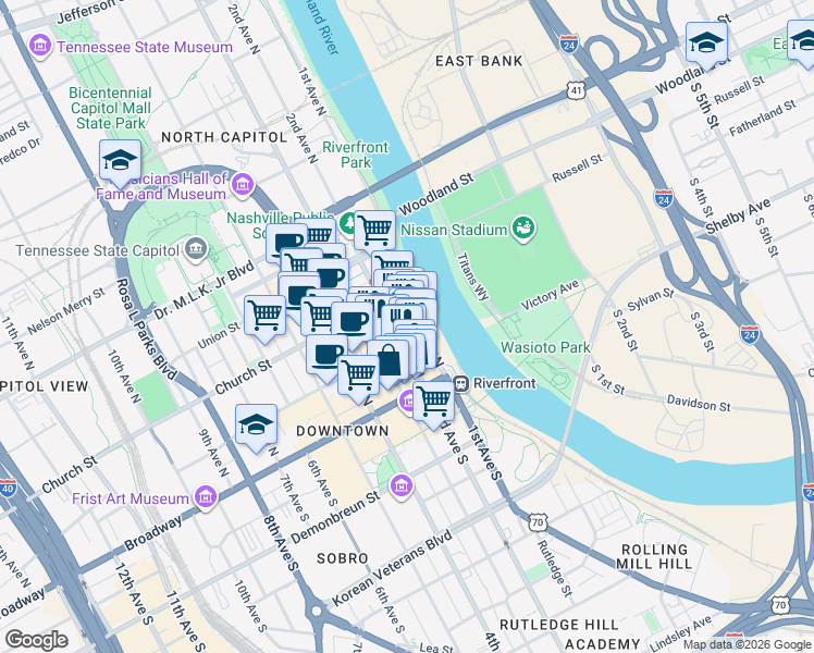 map of restaurants, bars, coffee shops, grocery stores, and more near 200 Commerce Street in Nashville