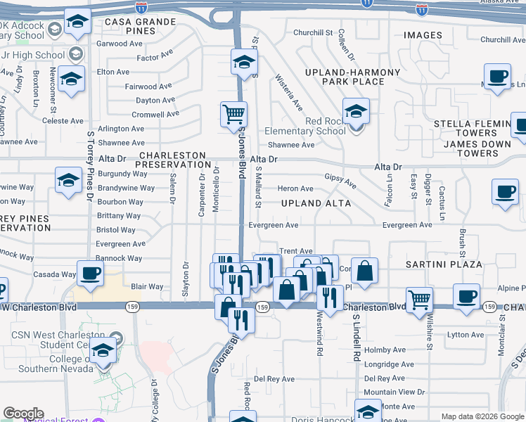 map of restaurants, bars, coffee shops, grocery stores, and more near 700 South Mallard Street in Las Vegas