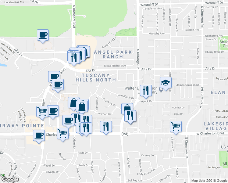 map of restaurants, bars, coffee shops, grocery stores, and more near 8636 Grandbank Drive in Las Vegas