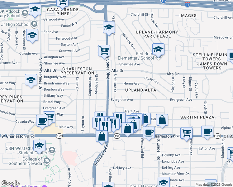 map of restaurants, bars, coffee shops, grocery stores, and more near 700 South Mallard Street in Las Vegas