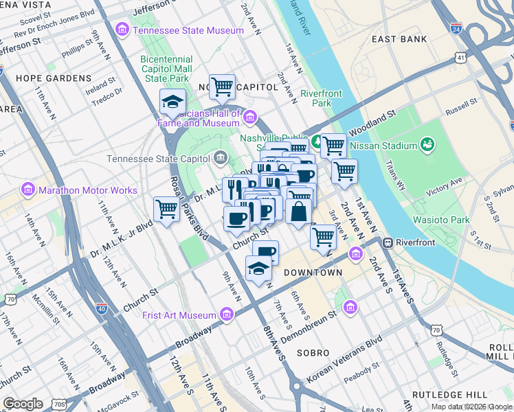 map of restaurants, bars, coffee shops, grocery stores, and more near 511 Union Street in Nashville