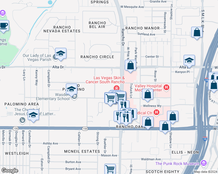 map of restaurants, bars, coffee shops, grocery stores, and more near 2327 Pinto Lane in Las Vegas