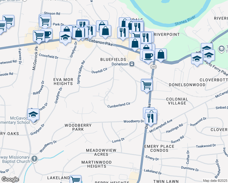 map of restaurants, bars, coffee shops, grocery stores, and more near 219 Cumberland Circle in Nashville