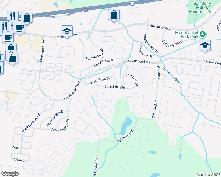 map of restaurants, bars, coffee shops, grocery stores, and more near 422 Laurel Hills Drive in Mt. Juliet