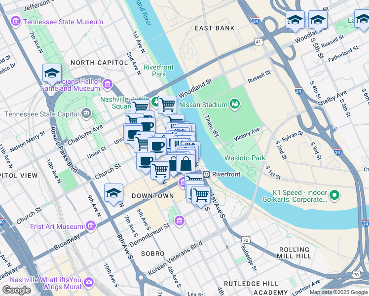 map of restaurants, bars, coffee shops, grocery stores, and more near 160 2nd Avenue North in Nashville