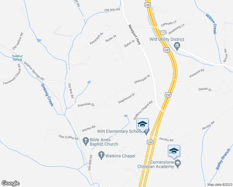 map of restaurants, bars, coffee shops, grocery stores, and more near Sequoyah Drive in Morristown