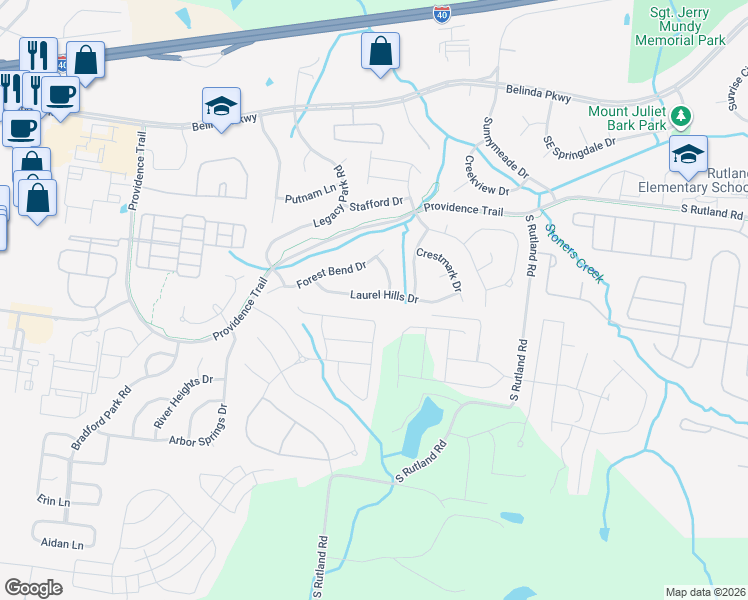 map of restaurants, bars, coffee shops, grocery stores, and more near 424 Laurel Hills Drive in Mt. Juliet