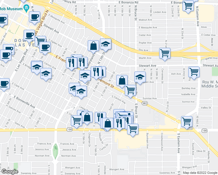 map of restaurants, bars, coffee shops, grocery stores, and more near 121 South 15th Street in Las Vegas