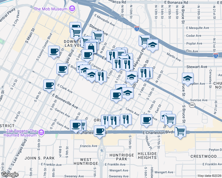 map of restaurants, bars, coffee shops, grocery stores, and more near 308 South 11th Street in Las Vegas