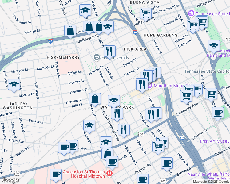 map of restaurants, bars, coffee shops, grocery stores, and more near 816 17th Avenue North in Nashville