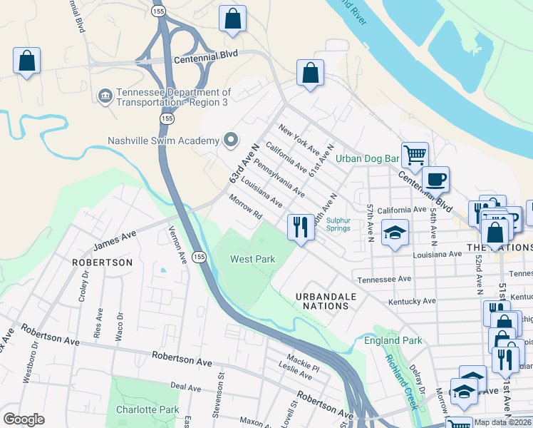 map of restaurants, bars, coffee shops, grocery stores, and more near 6106 Morrow Road in Nashville