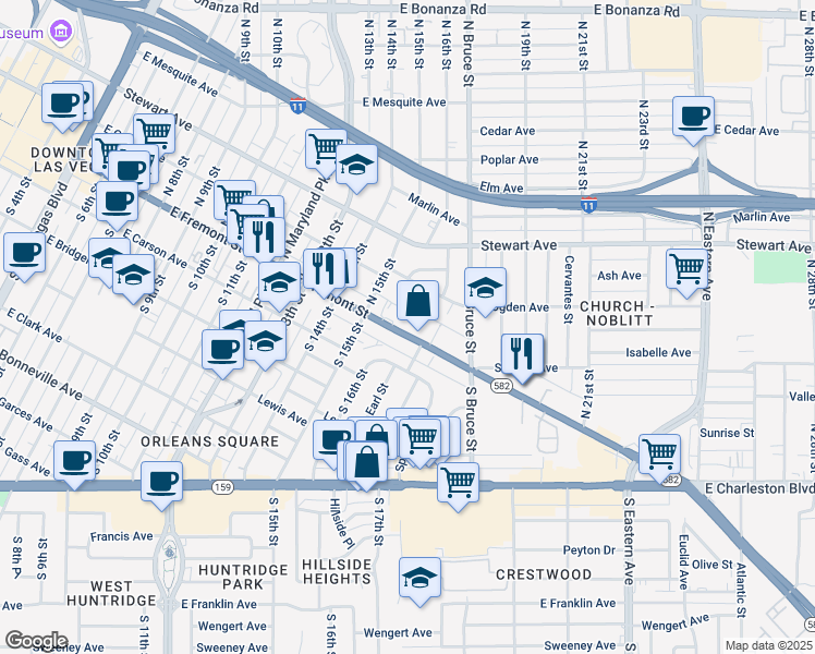 map of restaurants, bars, coffee shops, grocery stores, and more near 1600 East Fremont Street in Las Vegas