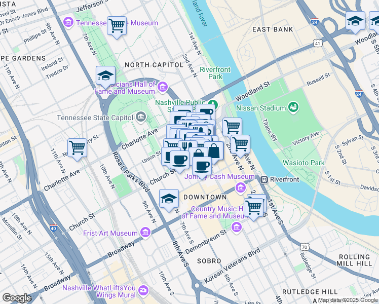 map of restaurants, bars, coffee shops, grocery stores, and more near 208 Printers Alley in Nashville