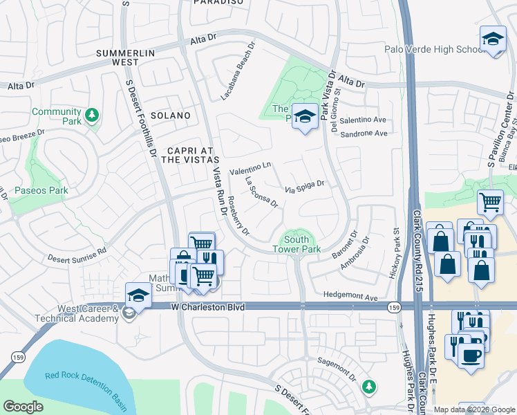 map of restaurants, bars, coffee shops, grocery stores, and more near 11519 West Via Princessa Court in Las Vegas