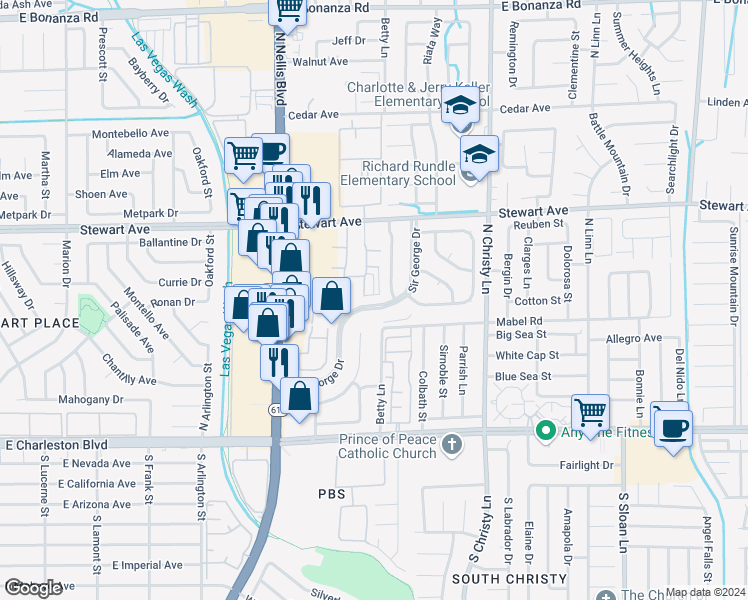 map of restaurants, bars, coffee shops, grocery stores, and more near 203 Sir George Drive in Las Vegas