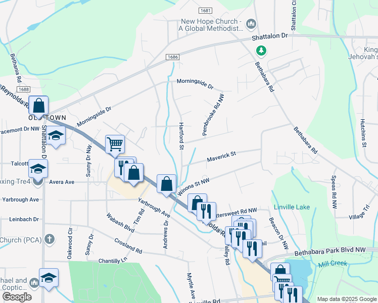 map of restaurants, bars, coffee shops, grocery stores, and more near 3507 Hartford Street in Winston-Salem