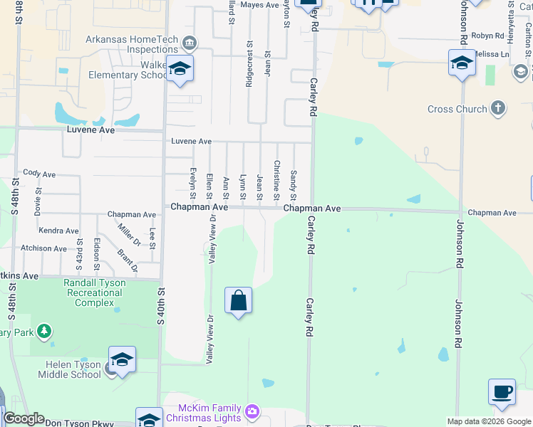 map of restaurants, bars, coffee shops, grocery stores, and more near 2499 Jean Street in Springdale