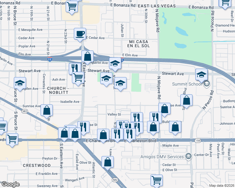 map of restaurants, bars, coffee shops, grocery stores, and more near 200 North 28th Street in Las Vegas