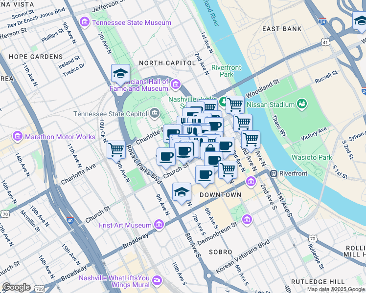 map of restaurants, bars, coffee shops, grocery stores, and more near 501 Church Street in Nashville