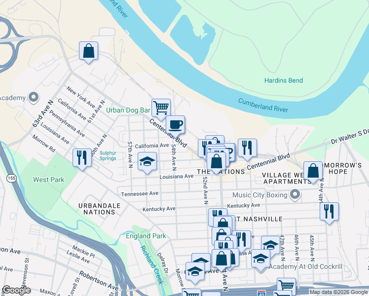 map of restaurants, bars, coffee shops, grocery stores, and more near 5210 Pennsylvania Avenue in Nashville