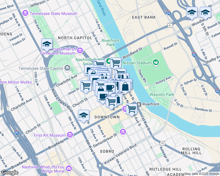 map of restaurants, bars, coffee shops, grocery stores, and more near 309 Church Street in Nashville