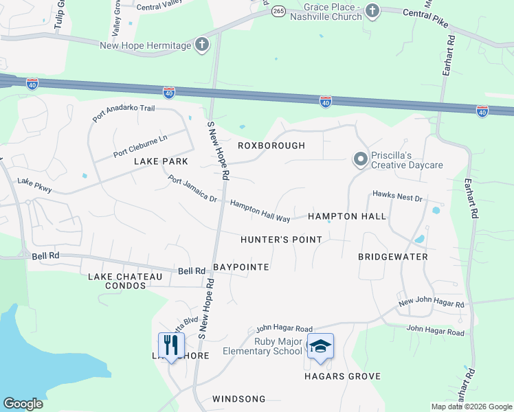 map of restaurants, bars, coffee shops, grocery stores, and more near 6129 Hampton Hall Way in Nashville