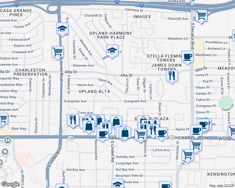 map of restaurants, bars, coffee shops, grocery stores, and more near 5505 Heron Avenue in Las Vegas