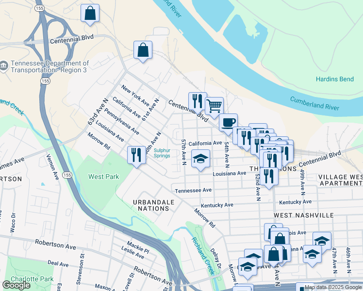 map of restaurants, bars, coffee shops, grocery stores, and more near 408 West Mill Drive in Nashville