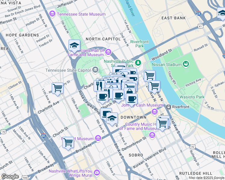 map of restaurants, bars, coffee shops, grocery stores, and more near 511 Union Street in Nashville