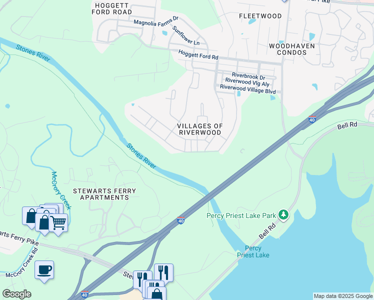 map of restaurants, bars, coffee shops, grocery stores, and more near 2700 River Vista Court in Nashville