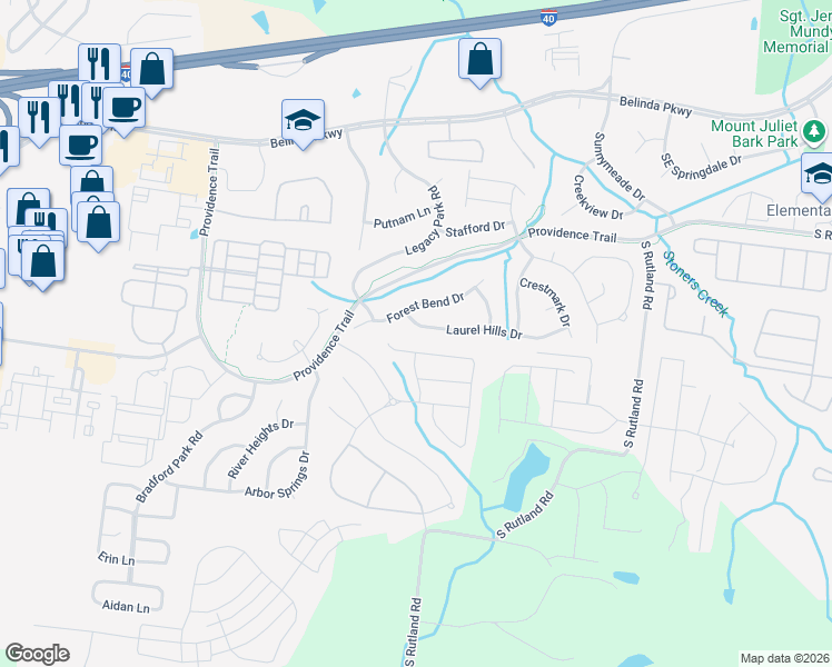map of restaurants, bars, coffee shops, grocery stores, and more near 406 Laurel Hills Drive in Mount Juliet