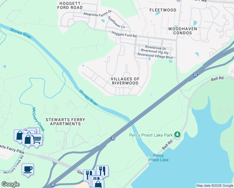 map of restaurants, bars, coffee shops, grocery stores, and more near 2700 River Vista Court in Nashville