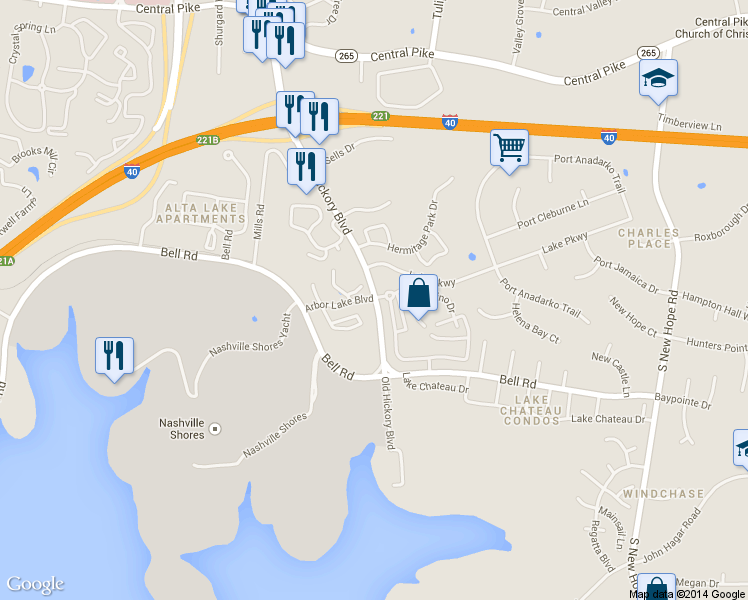 map of restaurants, bars, coffee shops, grocery stores, and more near 801 Arbor Lake Boulevard in Nashville