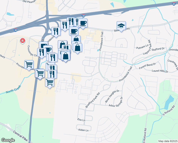 map of restaurants, bars, coffee shops, grocery stores, and more near 2500 Aventura Drive in Mt. Juliet