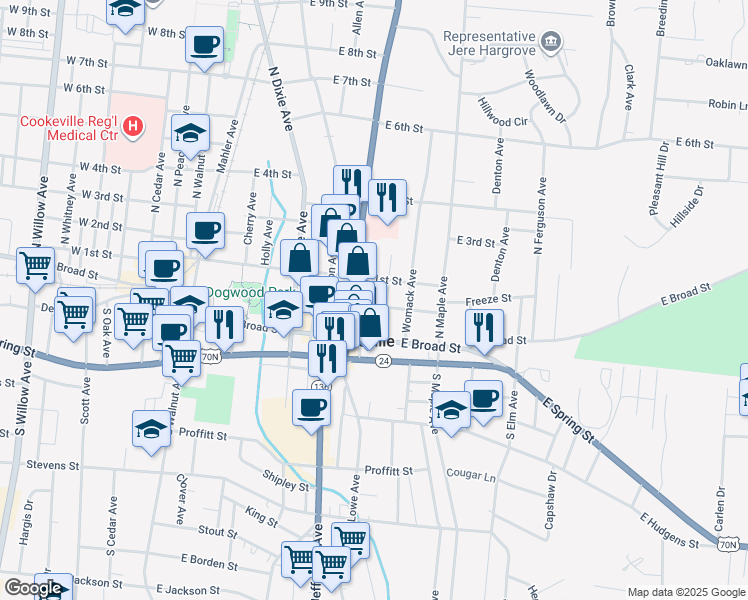 map of restaurants, bars, coffee shops, grocery stores, and more near 424 Freeze Street in Cookeville