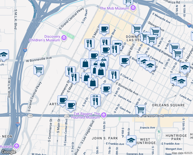 map of restaurants, bars, coffee shops, grocery stores, and more near 630 South 3rd Street in Las Vegas