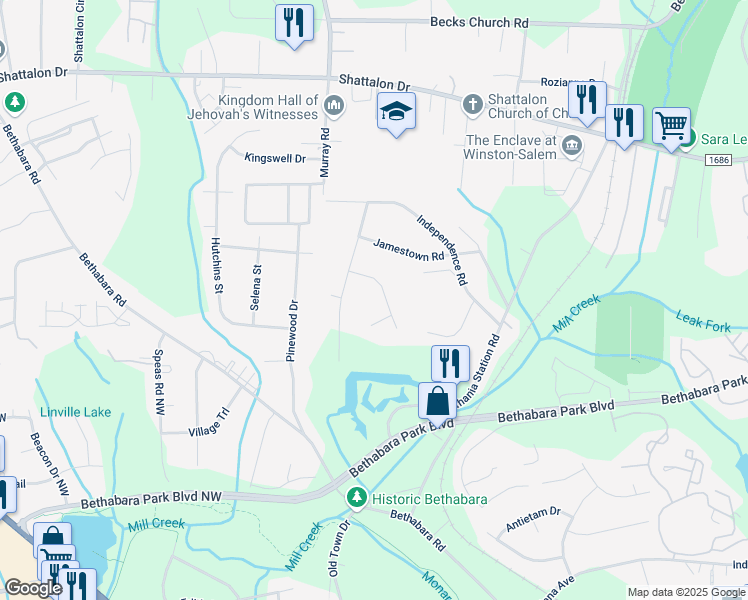 map of restaurants, bars, coffee shops, grocery stores, and more near 2109 Taney Court in Winston-Salem