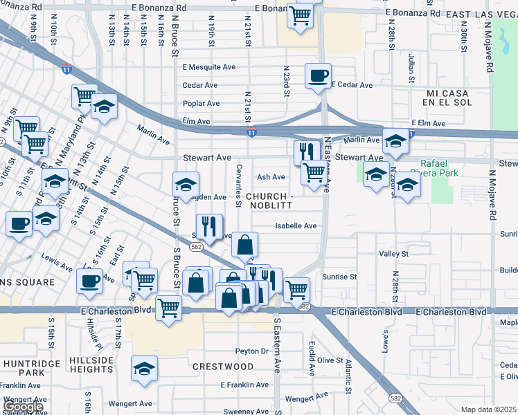 map of restaurants, bars, coffee shops, grocery stores, and more near 2105 Berkley Avenue in Las Vegas